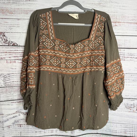 Savanna Jane Tops - Savanna Jane Embroidered Boho Peasant Top 1X Olive Rayon Festival